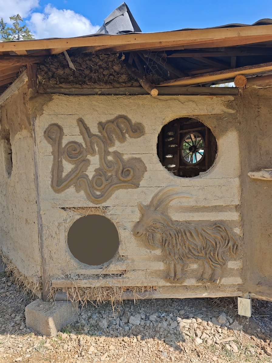 Die Lehmlab-Hütte mit Ziegenrelief